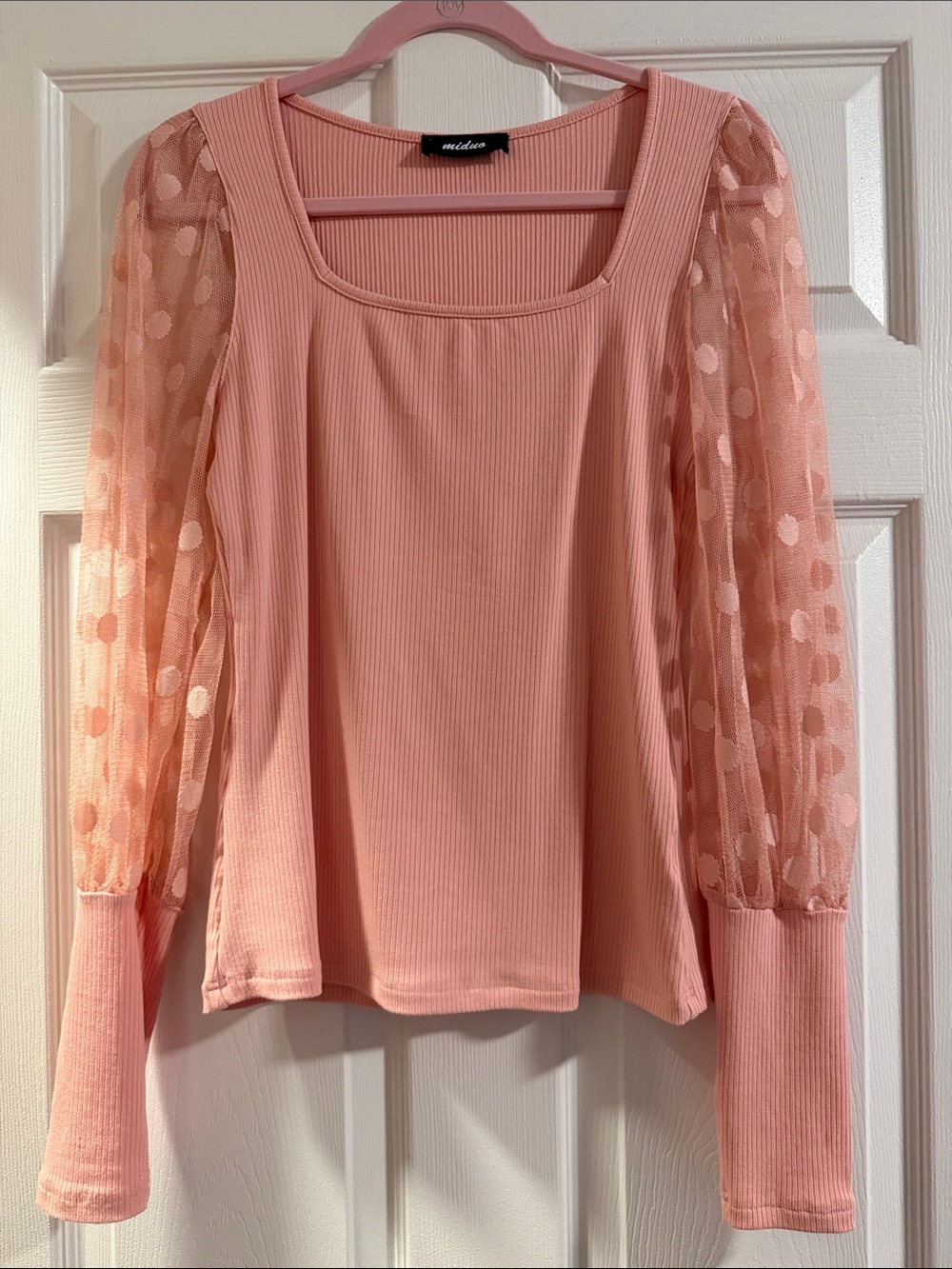 Mildam Pink Ribbed Top with Polka Dot Mesh Sleeves size M